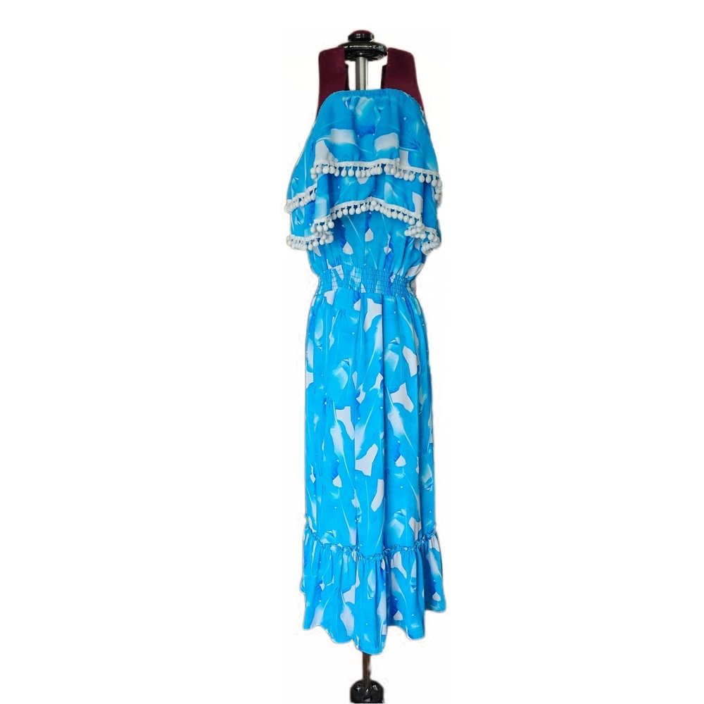 Red Dress Boutique Palms Away Blue Patterned Off-Shoulder Ruffle Midi Dress - Picture 5 of 14